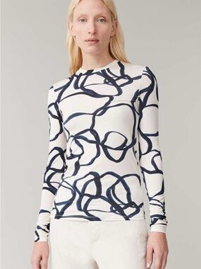 COS White Long-Sleeve Top with Navy Abstract Scribble Print
